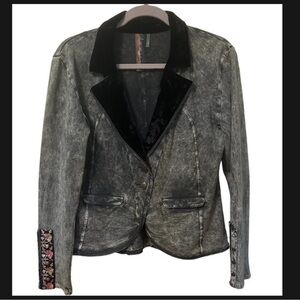 Black Distressed Cotton Fleece Blazer with Decorative Cuffs and Velvet Lapels